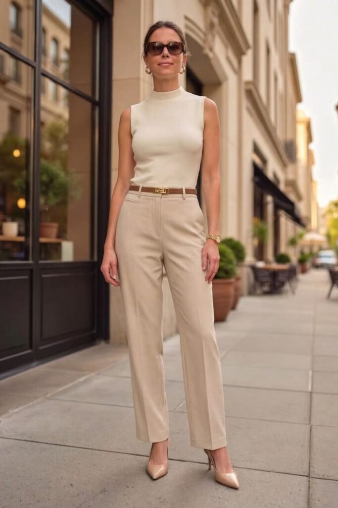 A Petite Woman Wearing A Sleeveless Mock Neck Top With Slim Ankle Pants