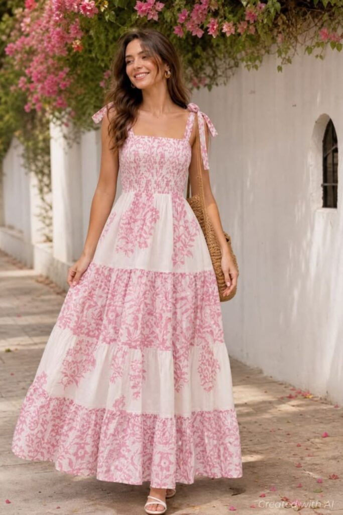 A Petite Woman Wearing A Smocked Maxi Dress