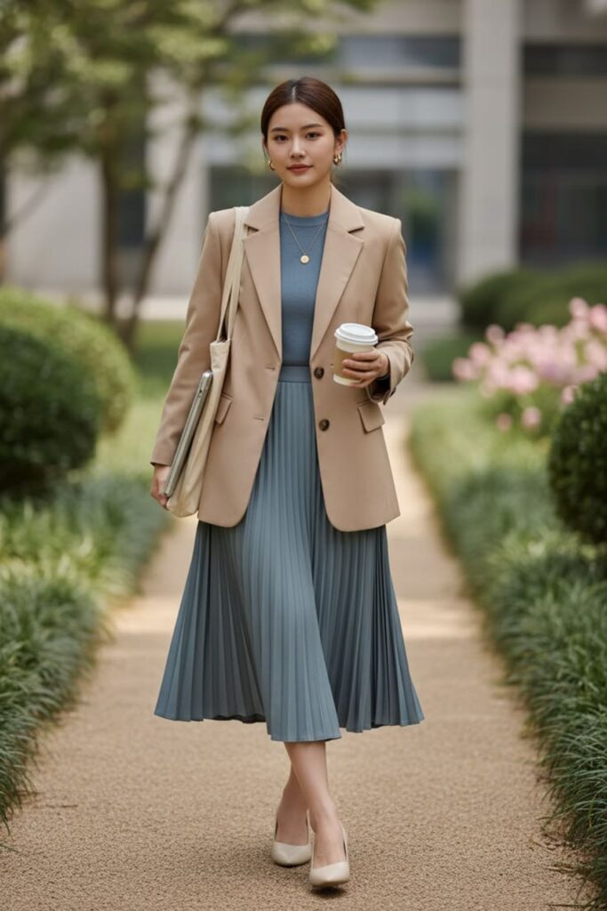 A Petite Woman Wearing A Soft Blazer With A Pleated Blouse