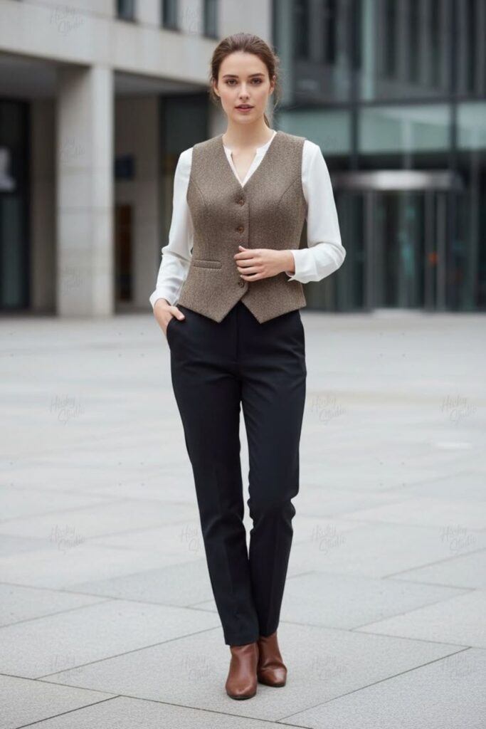 A Petite Woman Wearing A Structured Vest Over A Long-Sleeve Blouse