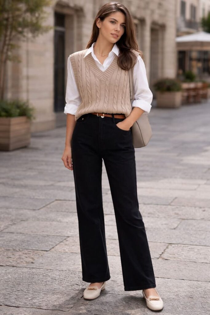 A Petite Woman Wearing A Sweater Vest Over A Button Down Shirt