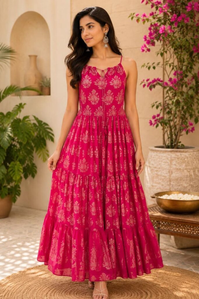 A Petite Woman Wearing A Tiered Maxi Dress