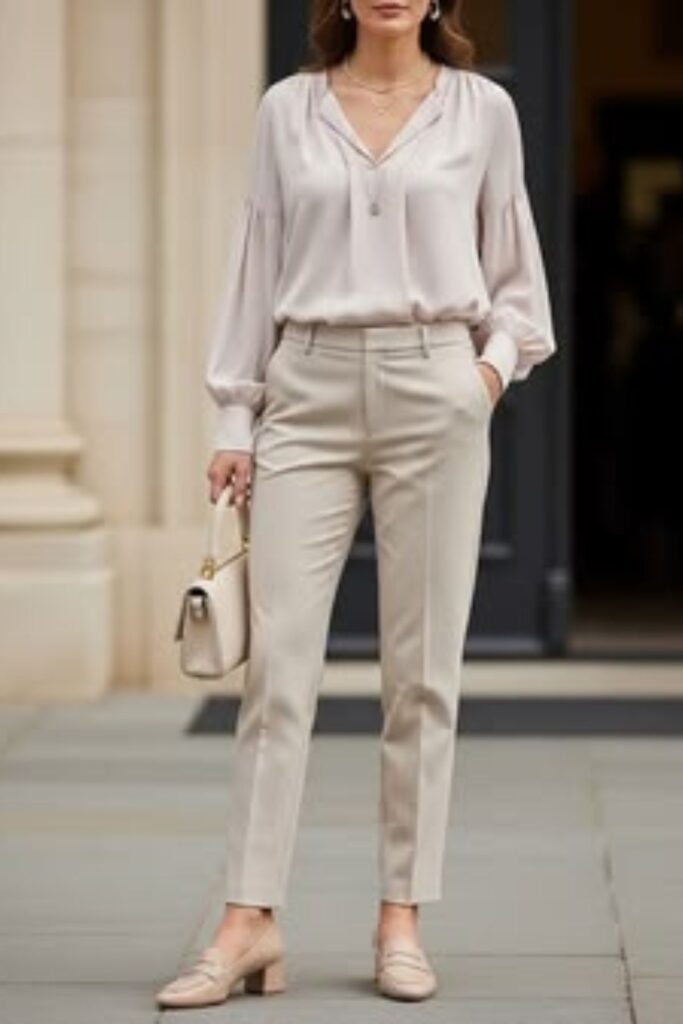 A Petite Woman Wearing A V-Neck Blouse With Tapered Dress Pants