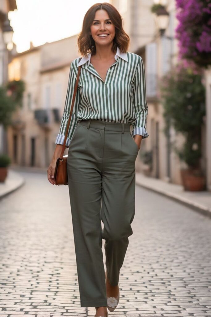 A Petite Woman Wearing A Vertical Stripe Blouse With Straight Leg Pants