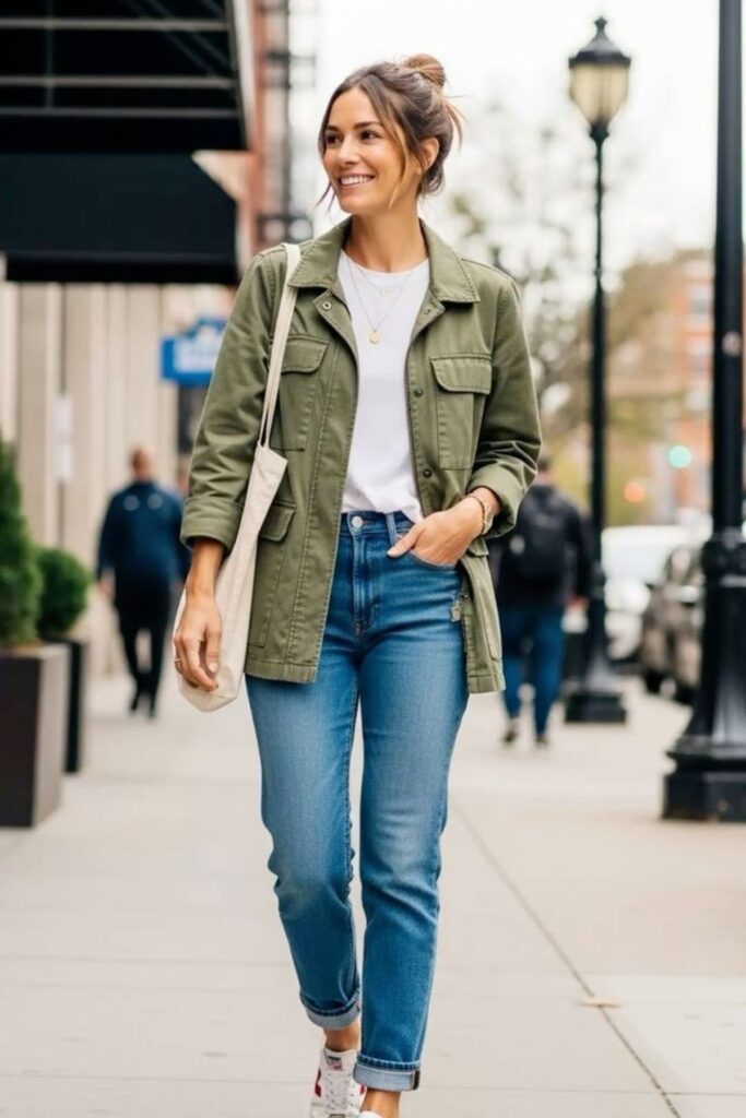 A Petite Woman Wearing A Wear Skinny Jeans With a Utility Jacket