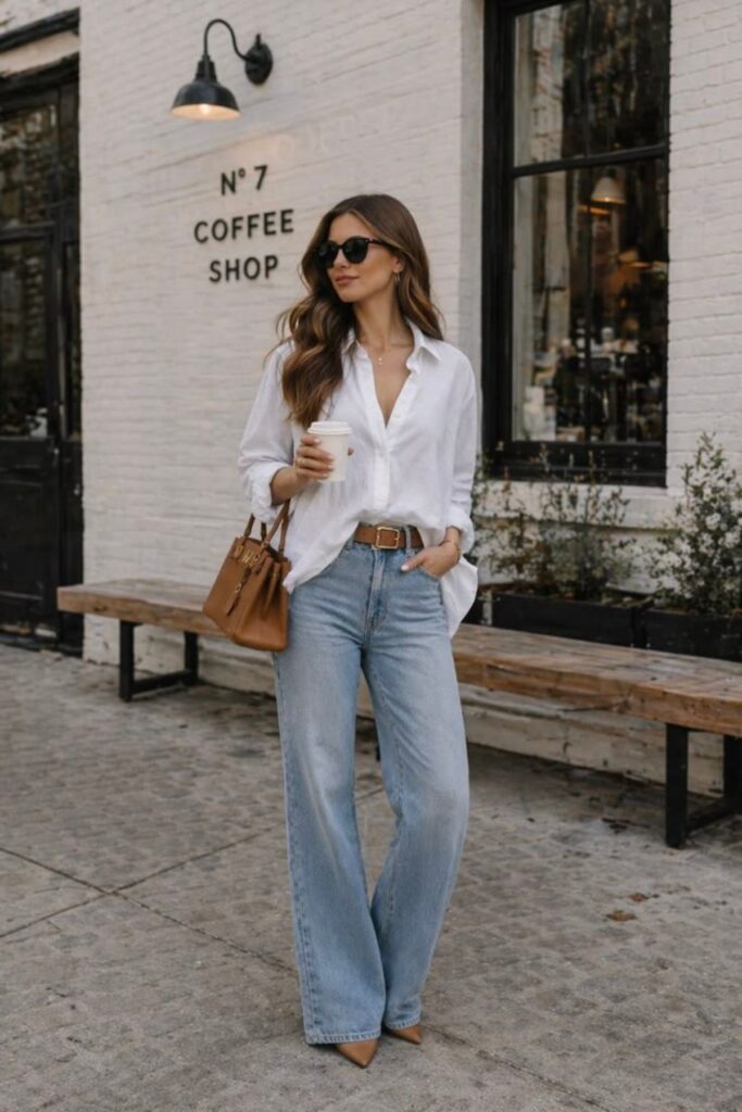 A Petite Woman Wearing A White Button Down Shirt With Denim