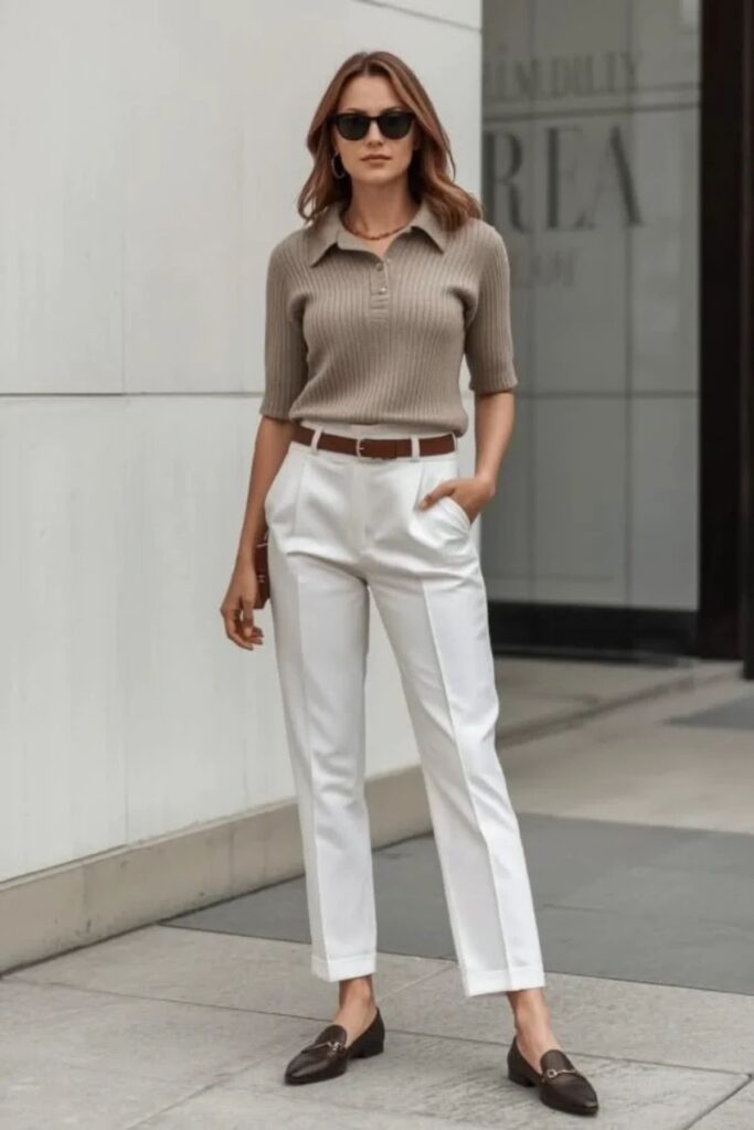 A Petite Woman Wearing Fine Knit Polo With Ankle Pants