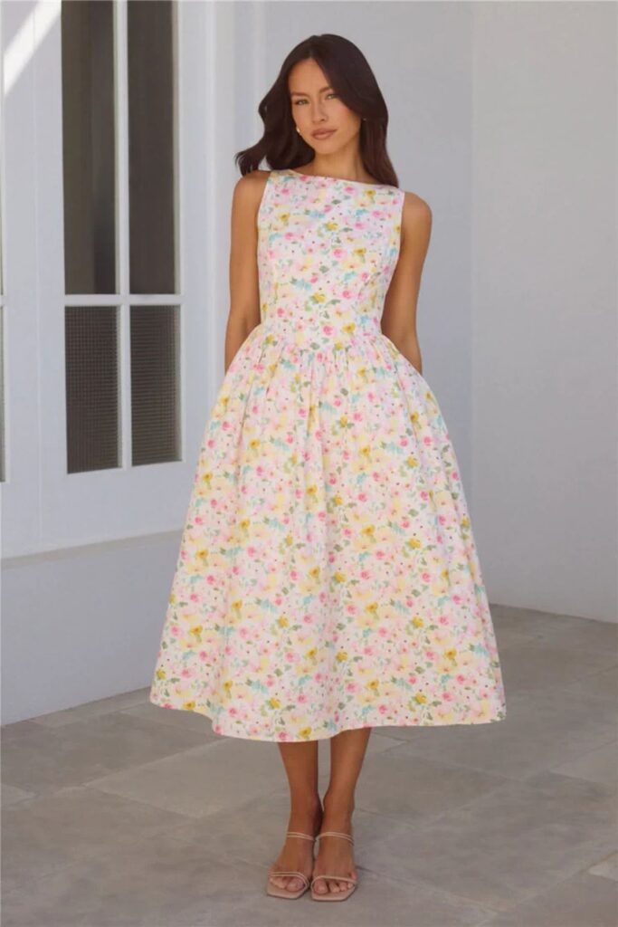 A Petite Woman Wearing Fit-and-Flare Midi Dresses
