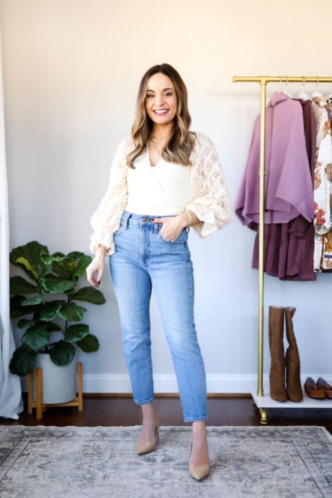 A Petite Woman Wearing Jean And Nude Shoes