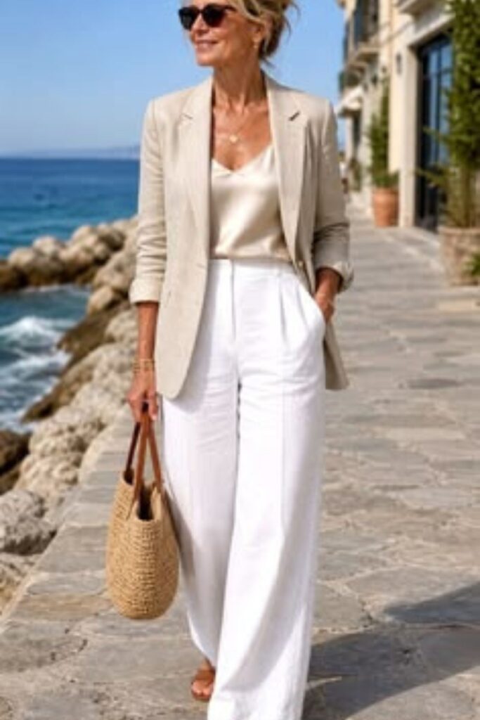A Petite Woman Wearing Linen Blazer With White Trousers