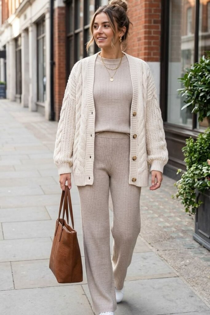 A Petite Woman Wearing Neutral Knit Set With Minimal Accessories
