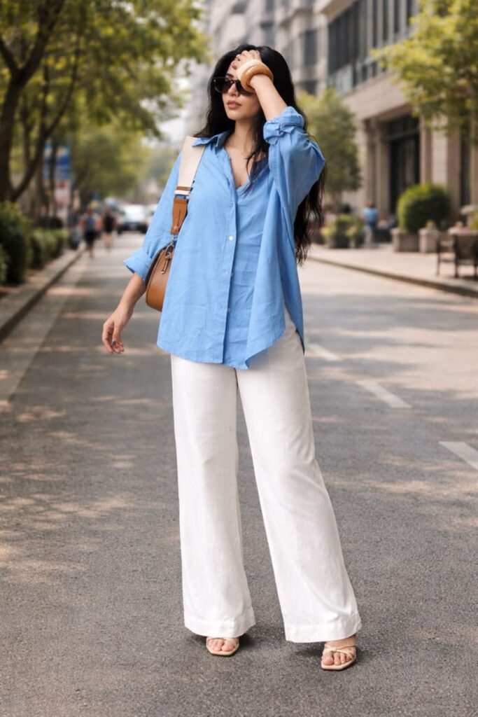 A Petite Woman Wearing Oversized Jean And Shirt