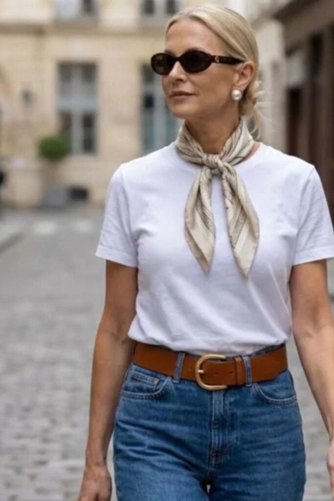 A Petite Woman Wearing Silk Scarf With A Simple White Tee
