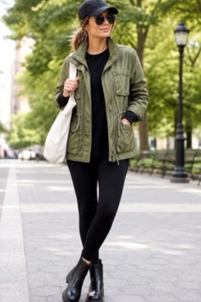 A Petite Woman Wearing Utility Jacket With Black Leggings