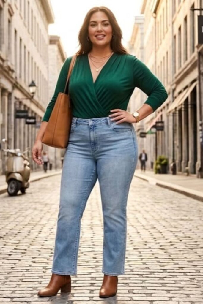 Petite Apple Shape Woman Wearing Straight-Leg Jeans