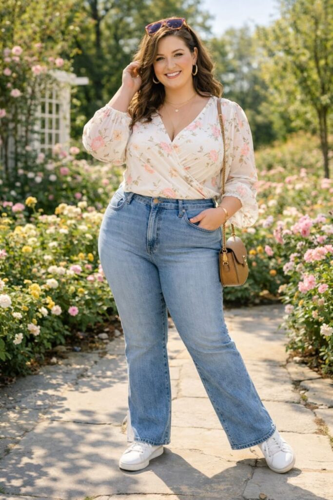 Petite Pear Shape Body Woman Wearing A Floral Blouse