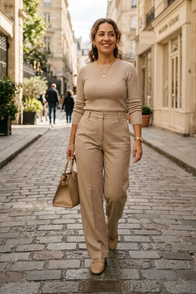 Petite Pear Shape Body Woman Wearing Nude Shoes 