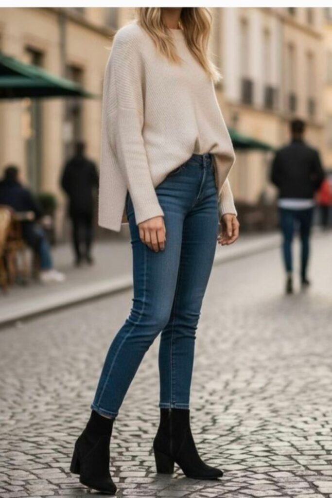 A petite woman wearing a Almond-Toe Ankle Boots