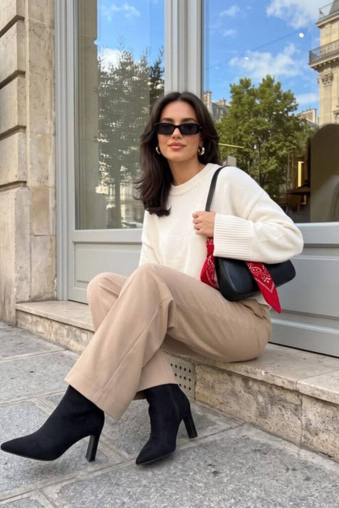 A petite woman wearing a Ankle Boots With A Slight Heel