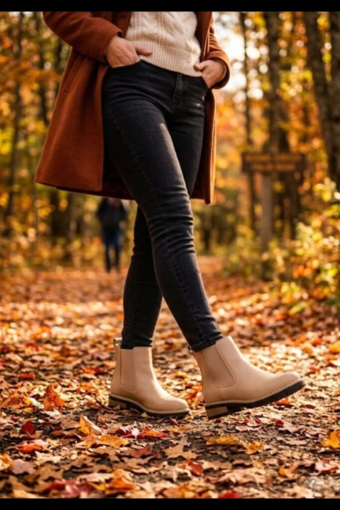 A petite woman wearing a Chelsea Boots With A Slim Profile