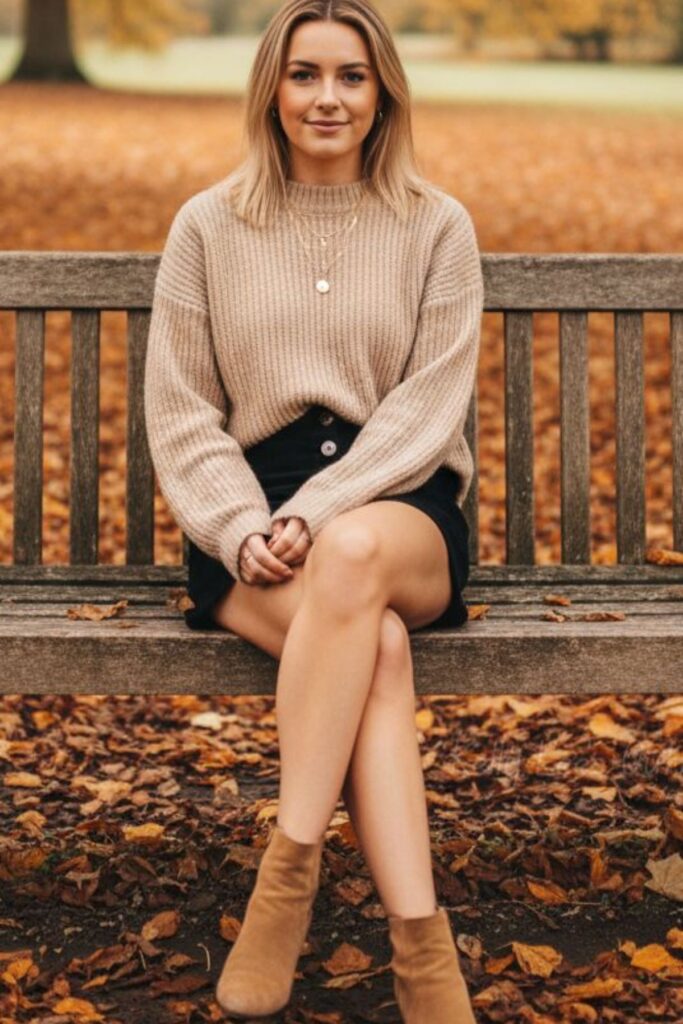 A petite woman wearing a Nude And Skin-Tone Ankle Boots