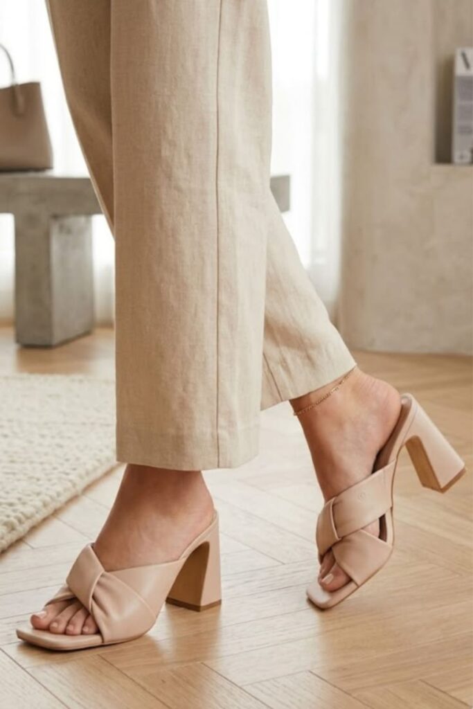 A petite woman wearing a Wide-Toe-Box Heels