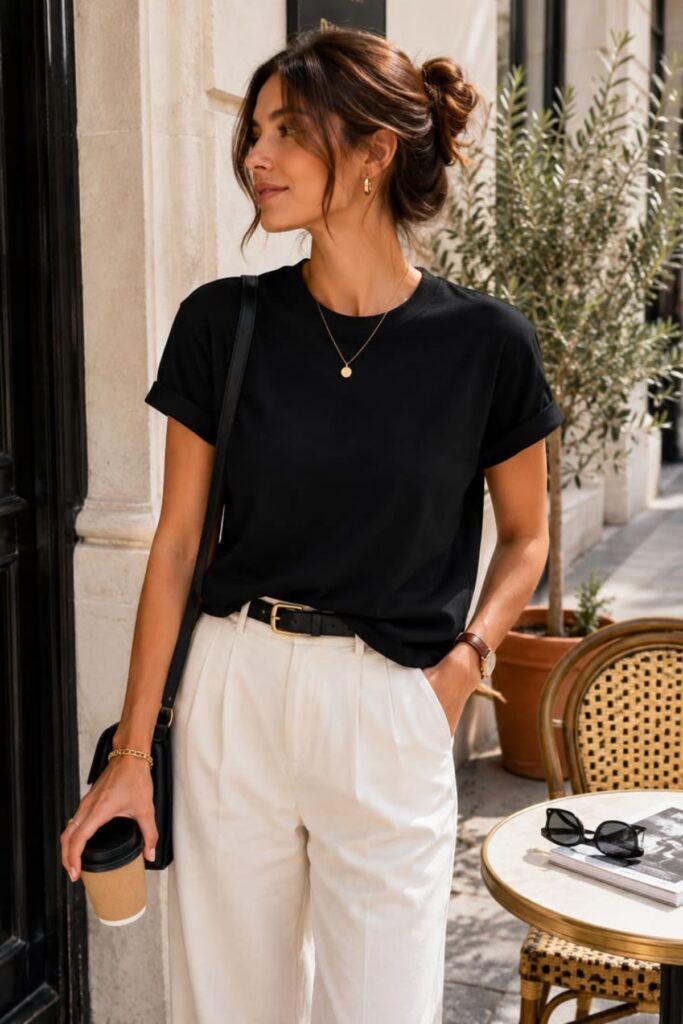 A petite woman wearing a black t-shirt