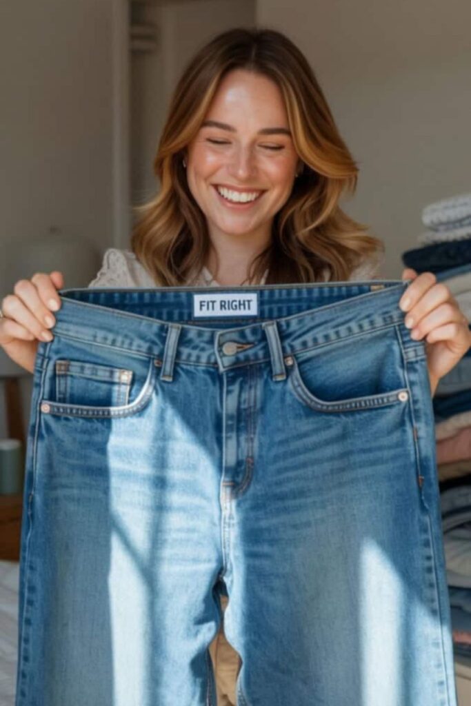 a lady checking the Inseam of her jeans