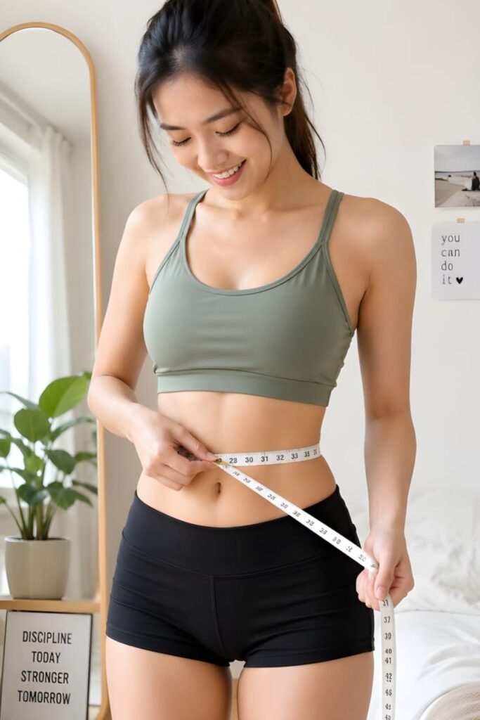 a petite lady measuring her waist with a tape 