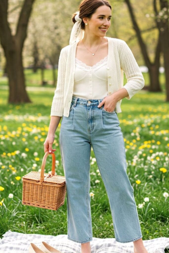 a petite lady wearing Wide-Leg Jeans With A Cropped Cardigan