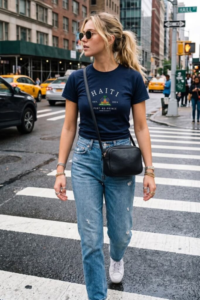 a petite lady wearing a Straight-Leg Jeans With A Graphic Tee