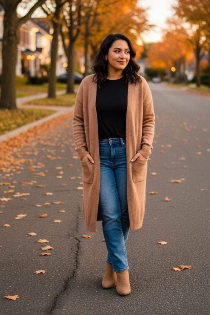a petite lady wearing a Straight-Leg Jeans With A Long Cardigan