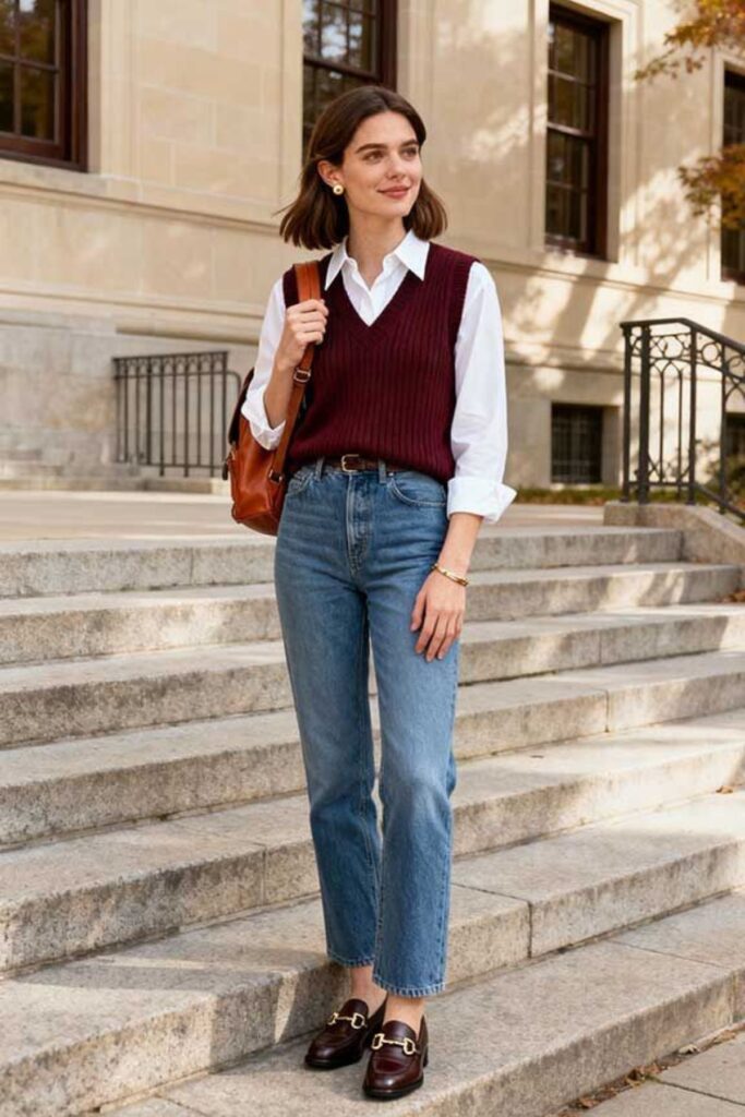 a petite lady wearing a Straight-Leg Jeans With A Sweater Vest