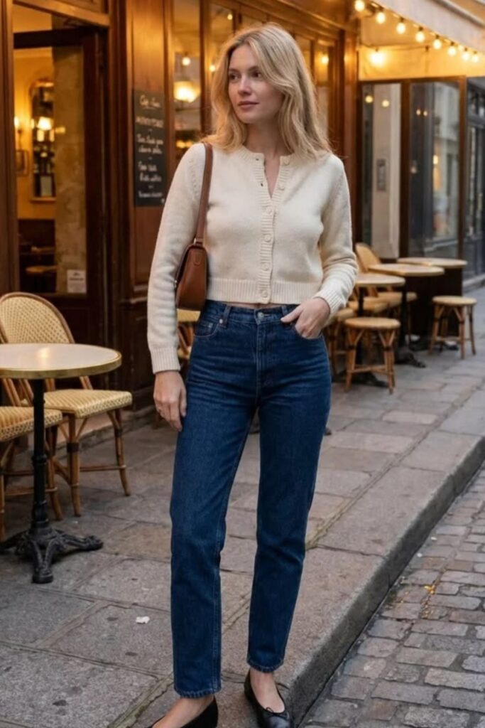 a petite lady wearing a Straight-Leg Jeans With Ballet Flats