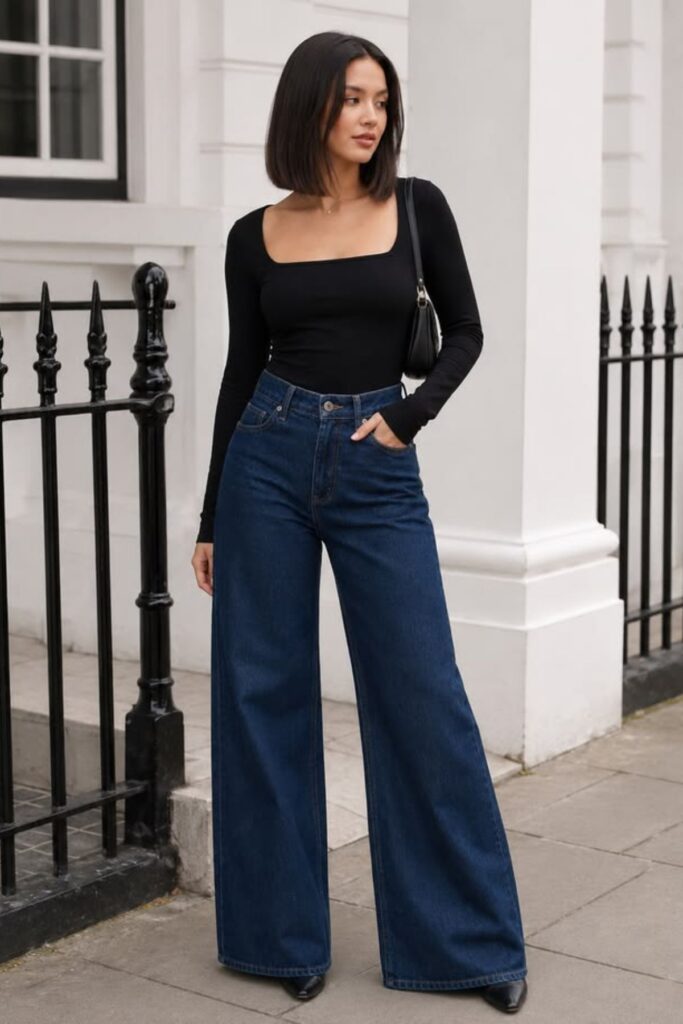 a petite lady wearing a Wide-Leg Jeans With A Bodysuit