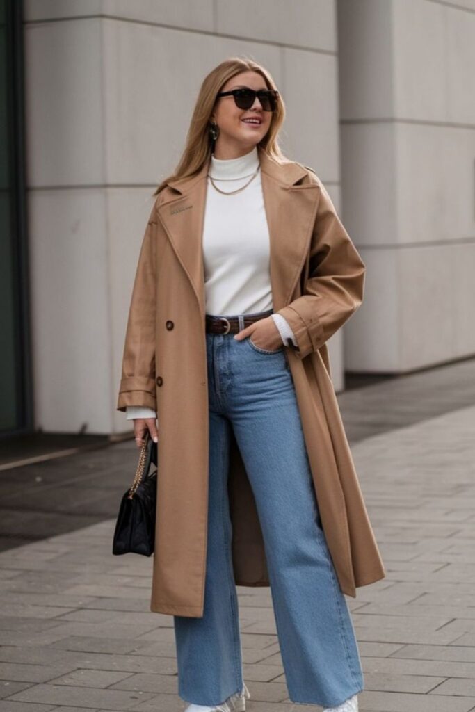 a petite lady wearing a Wide-Leg Jeans With A Long Coat