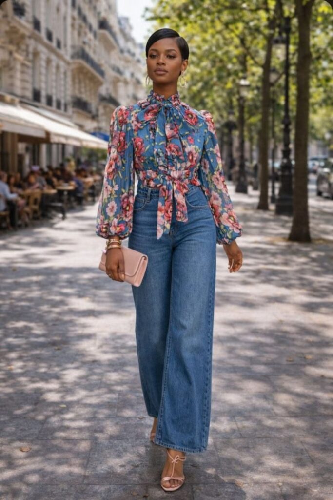 a petite lady wearing a Wide-Leg Jeans With A Statement Blouse