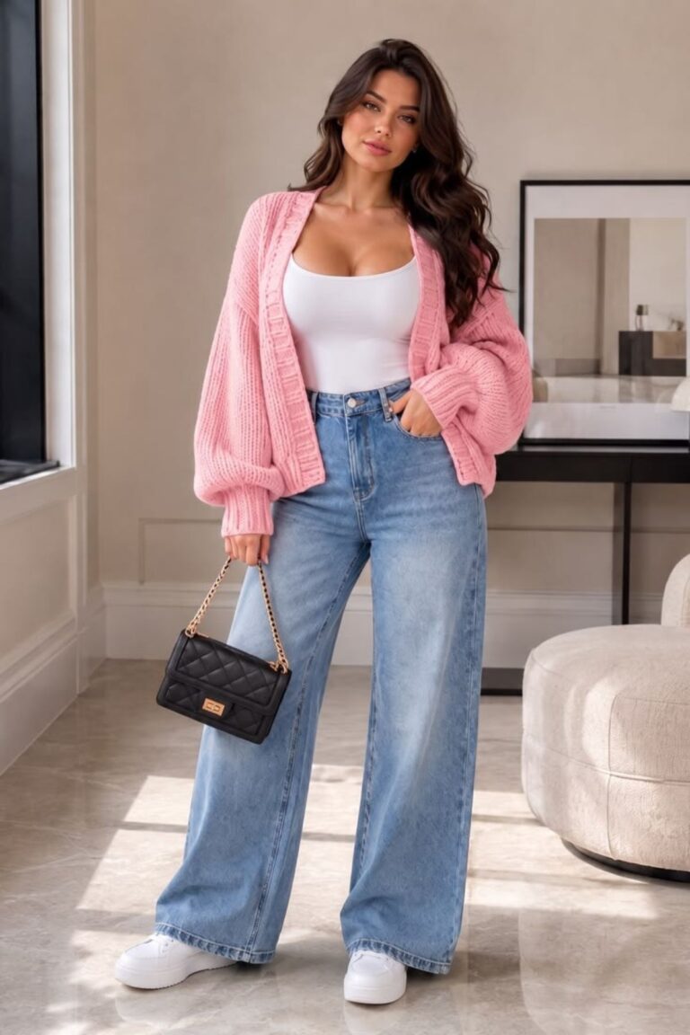 a petite lady wearing a Wide-Leg Jeans With A Tank And Cardigan