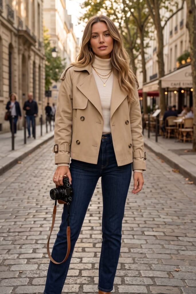 a petite lady wearing a waist-length trench