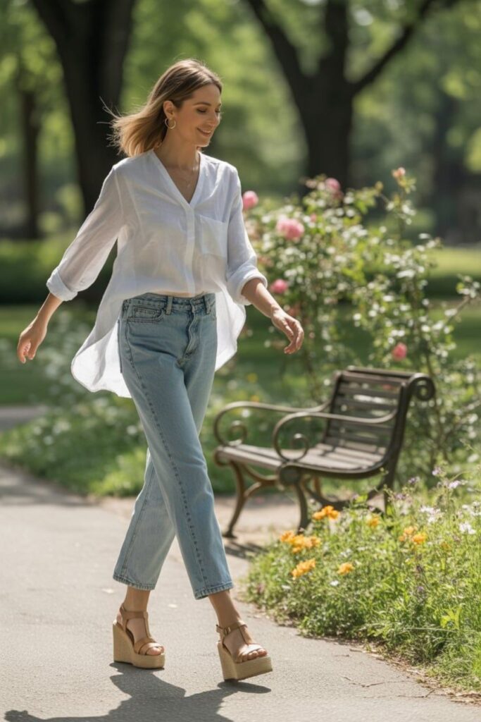 a petite woman Wearing a Jean with a bulky footwear