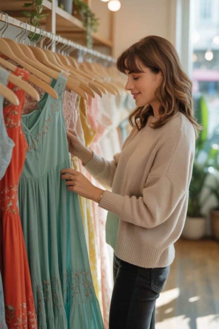 a petite woman buying clothes