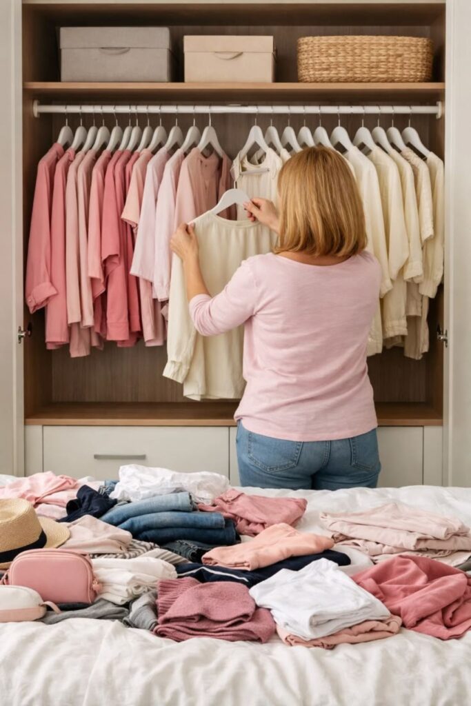 a petite woman cleaning out a wardrobe