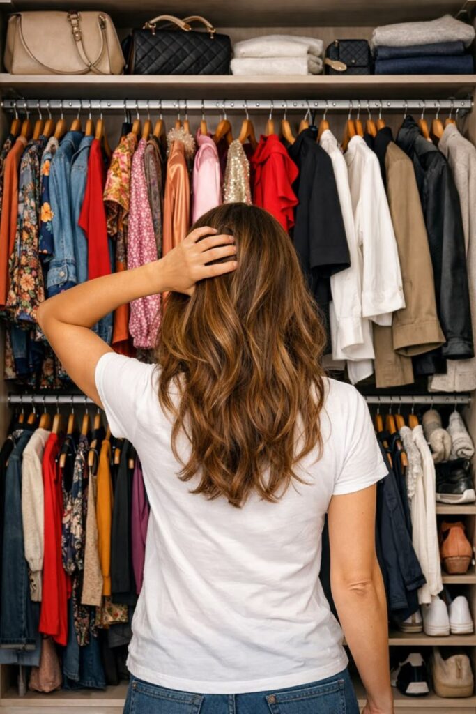 a petite woman in her wardrobe