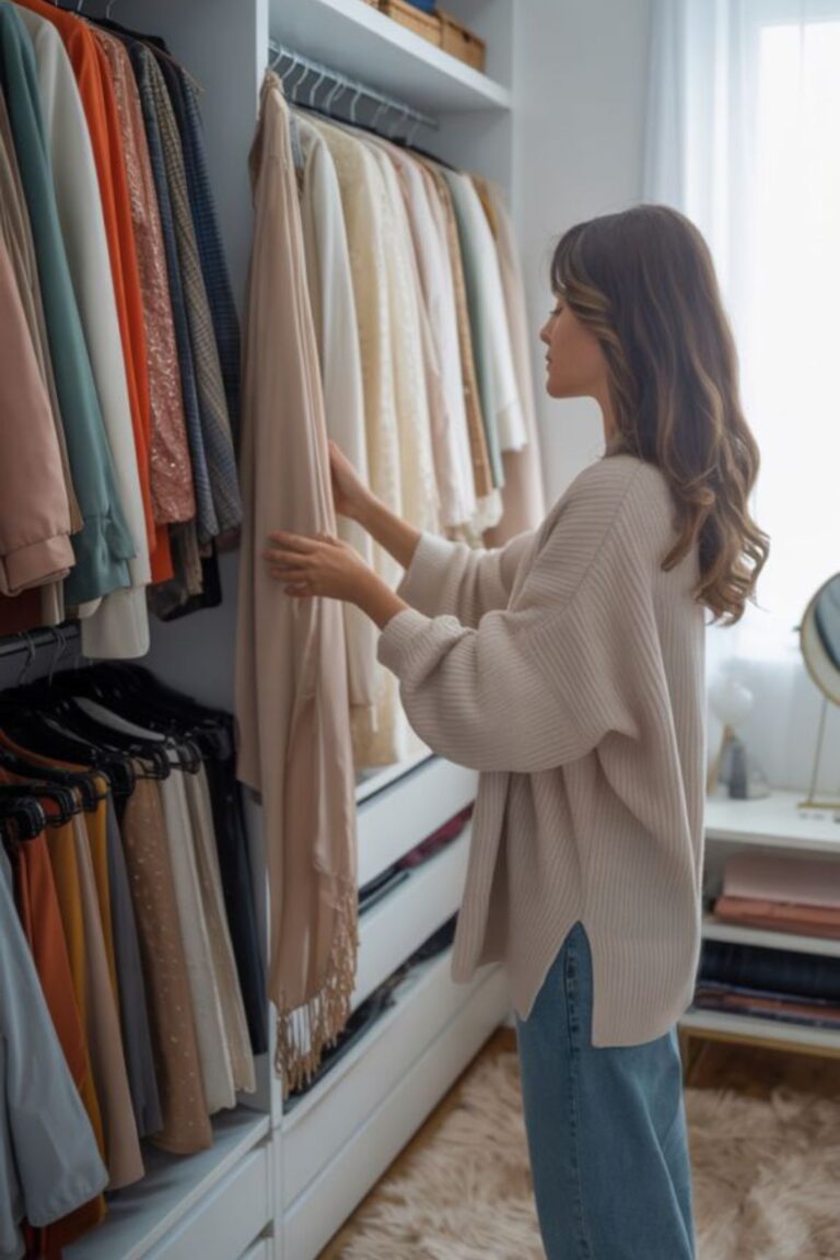 a petite woman in her wardrobe
