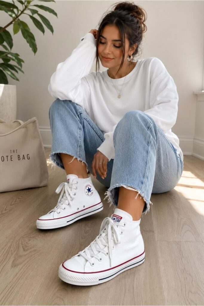 a petite woman wearing Classic Canvas Sneakers