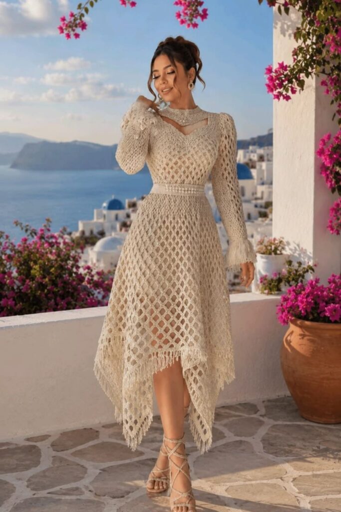 a petite woman wearing Crochet Maxi Dress