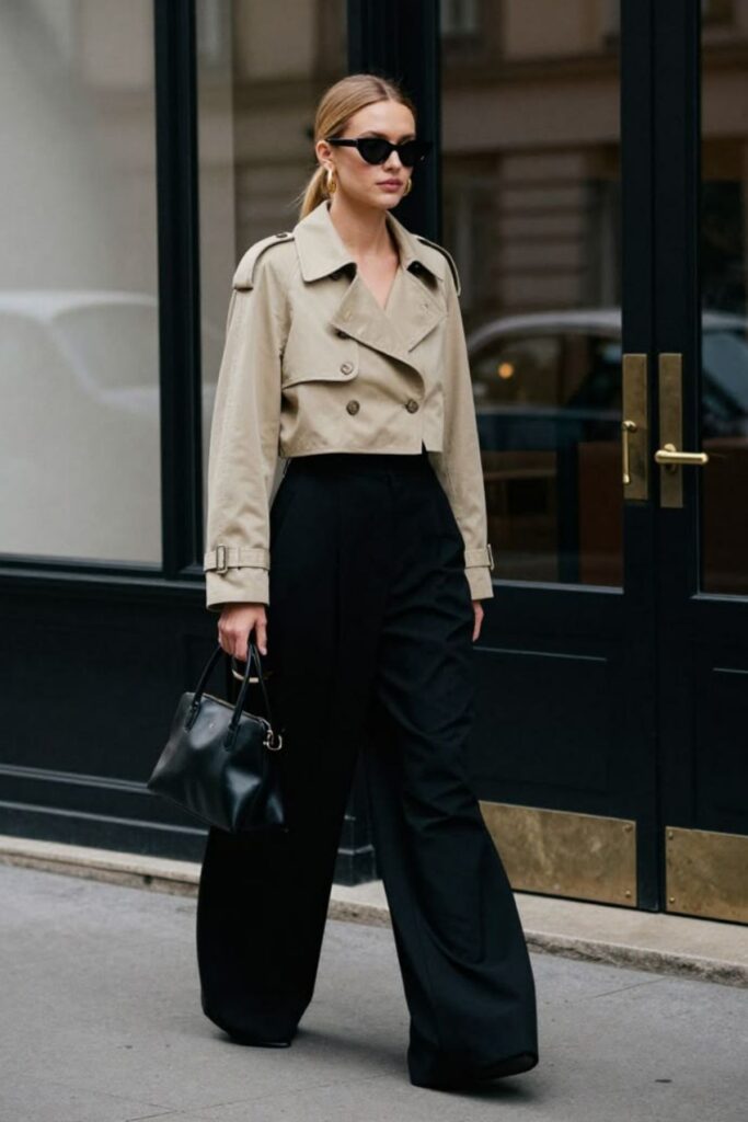 a petite woman wearing Cropped Trench And Cigarette Pants