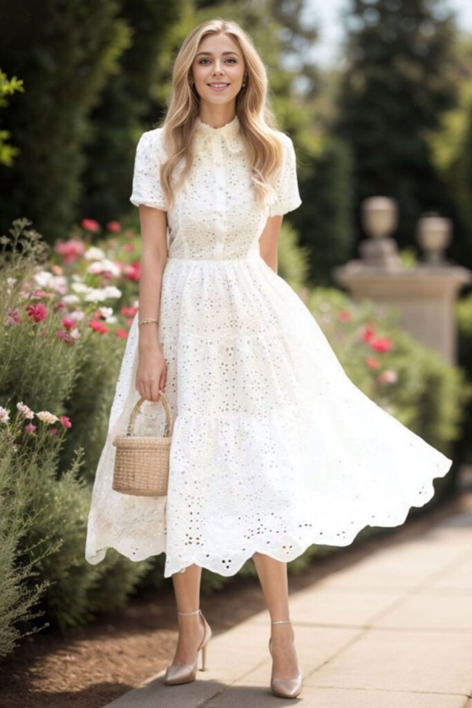 a petite woman wearing Eyelet Dress