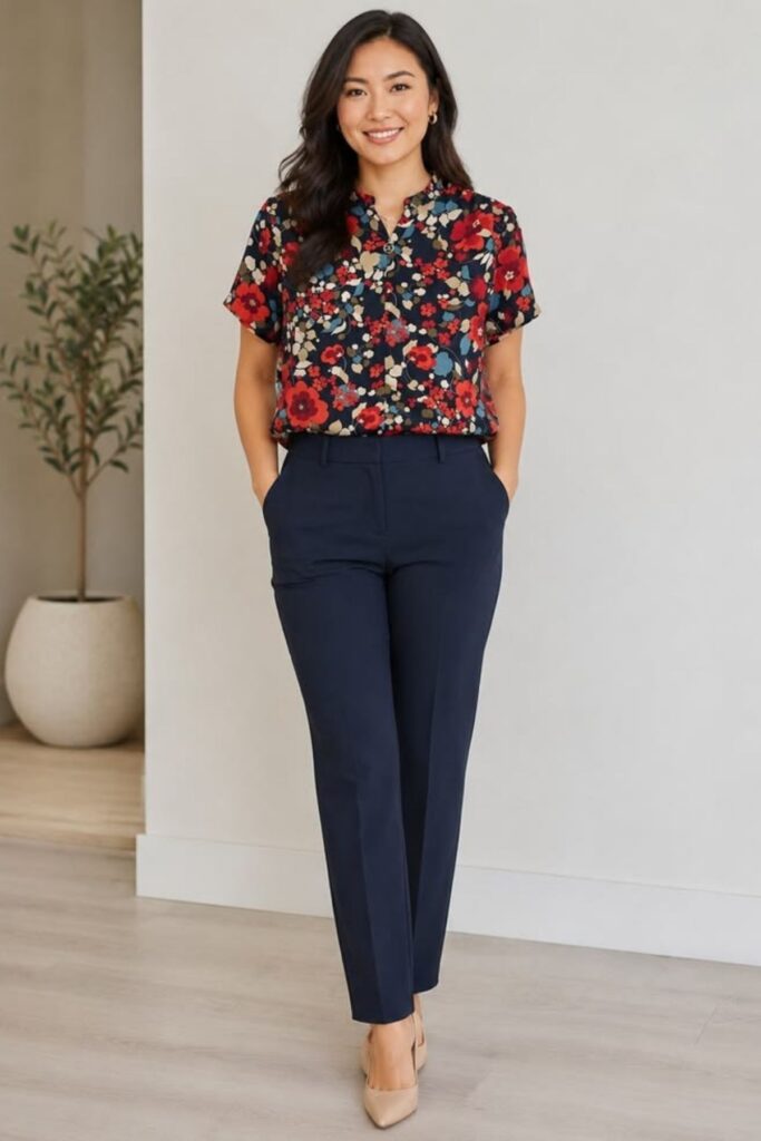 a petite woman wearing Floral Blouse And Navy Trousers