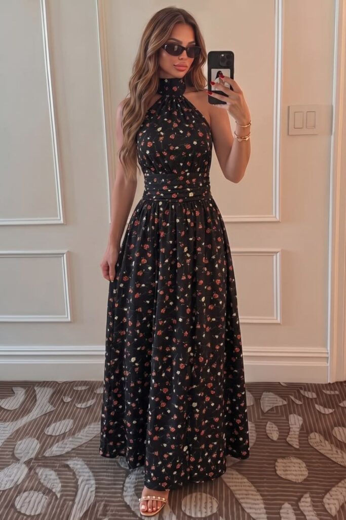 a petite woman wearing Halter Maxi Dress